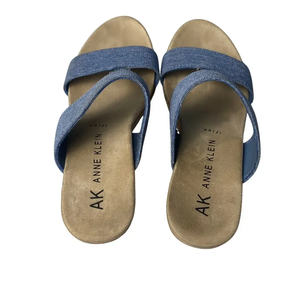 Anne Klein Reese Blue Canvas Wedge Cork Sandals Women's Size 7